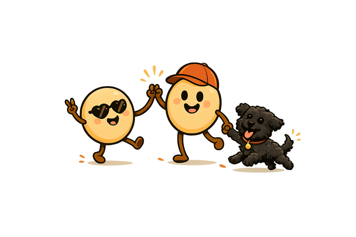 illustration of two smiling lentil characters high-fiving, one in sunglasses and one in a cap, with a fluffy black dog trotting alongside