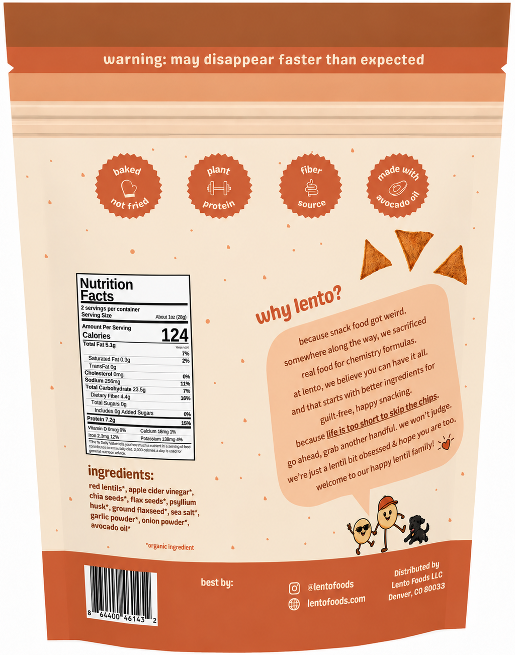 lento toasted spice blend lentil chips, back of bag
