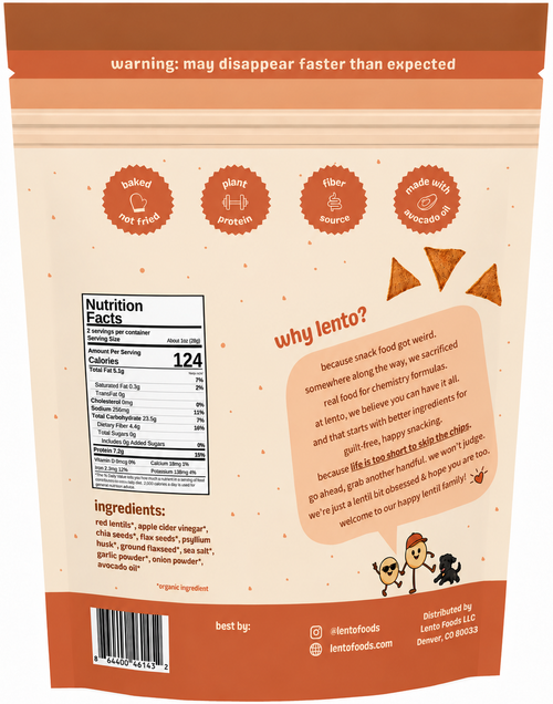 lento toasted spice blend lentil chips, back of bag